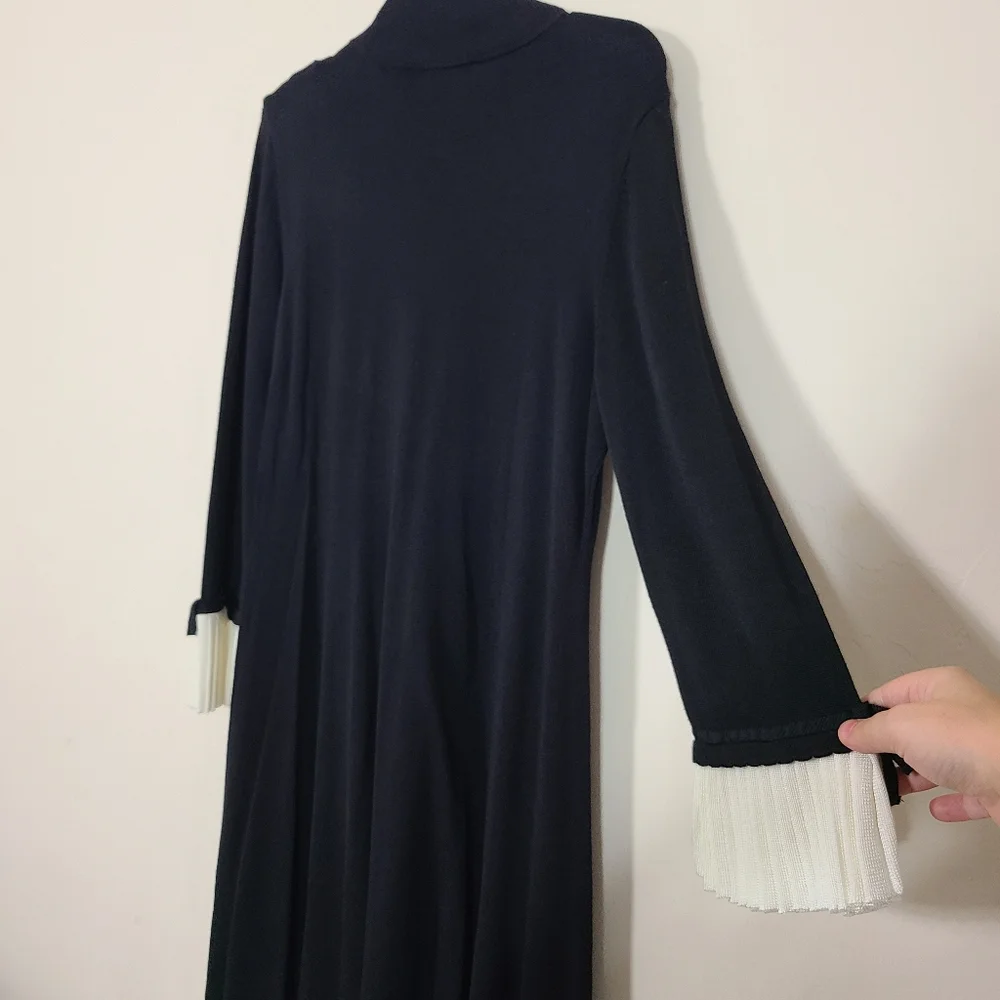 CeCe Womens XL Black Sweater Dress White Pleated Cuffs‎ Mockneck Preppy Casual
